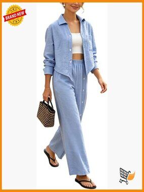2 Piece Lounge Set Long Sleeve Button Down Shirt and Wide Leg Pants Tracksuit
